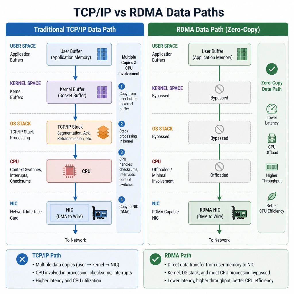 Visual diagram comparing traditional TCP/IP data paths and RDMA data paths. The TCP path should show data moving through User Space, Kernel Space, OS Stack, CPU, and then the NIC. The RDMA path should show data moving directly from User Space memory to the NIC, bypassing the Kernel, OS Stack, and CPU, highlighting the "zero-copy" benefit and CPU offloading.