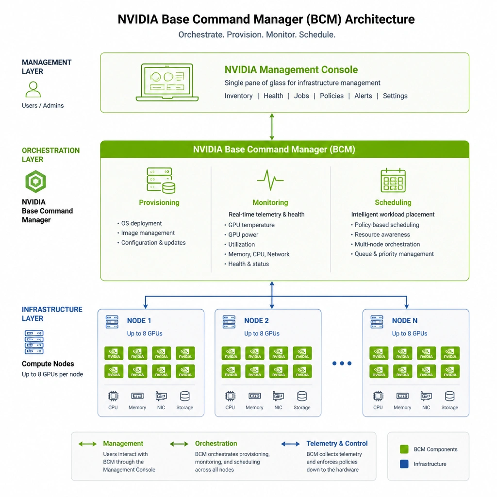 Diagram illustrating the role of NVIDIA Base Command Manager. It sits at the orchestration layer, provisioning the OS, monitoring hardware metrics (like GPU temperature and power), and scheduling workloads across nodes containing up to 8 GPUs, showing a clean connection from management console to hardware.