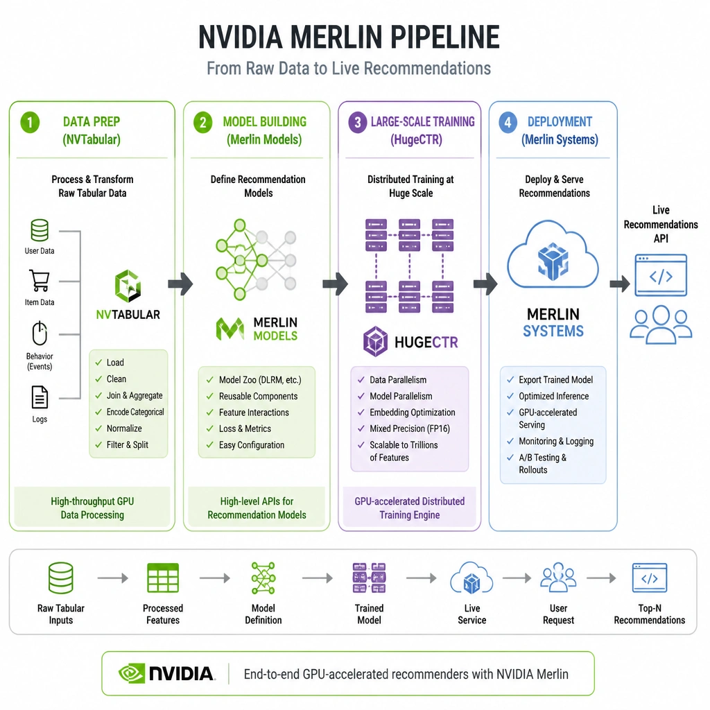 Block diagram representing the NVIDIA Merlin pipeline stages: Data Prep (NVTabular), Model Building (Merlin Models), Large-Scale Training (HugeCTR), and Deployment (Merlin Systems). Each block shows how data flows sequentially from raw tabular inputs to a live recommendation API, clearly labeling the four core Merlin components.