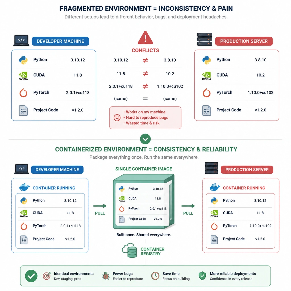 Illustration comparing a fragmented environment setup (developer machine vs. production server with conflicting Python/CUDA versions) to a containerized setup where a single container image (containing Python, CUDA, PyTorch, and code) is shared and runs identically on both systems, highlighting the concept of environment consistency.