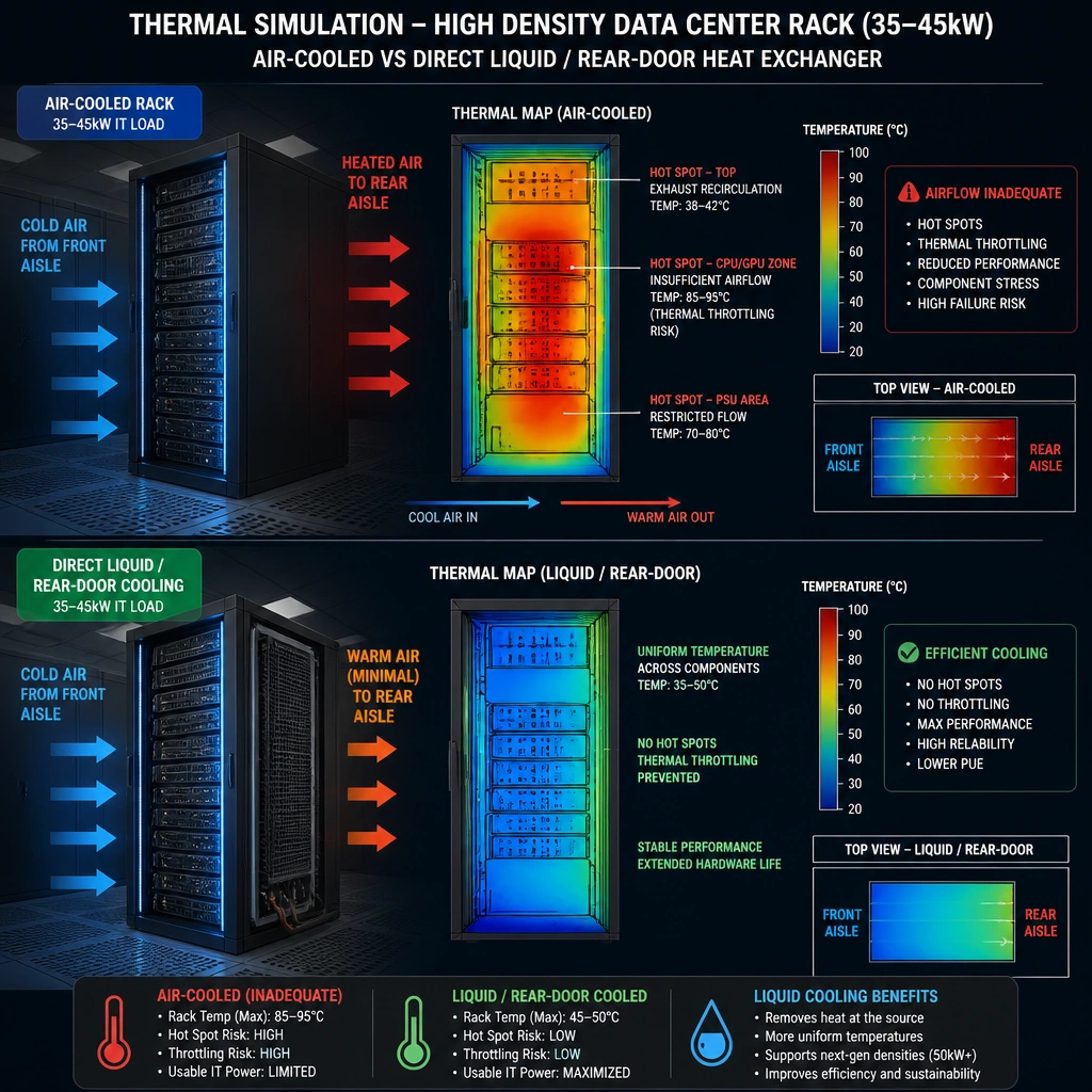 Thermal simulation diagram showing a high-density data center rack (35-45kW) with cold air entering from the front aisle, heated air exiting the rear, and localized hot spots highlighting where thermal throttling occurs if airflow is inadequate. Show a comparison with direct liquid cooling or rear-door heat exchangers maintaining safe temperatures.