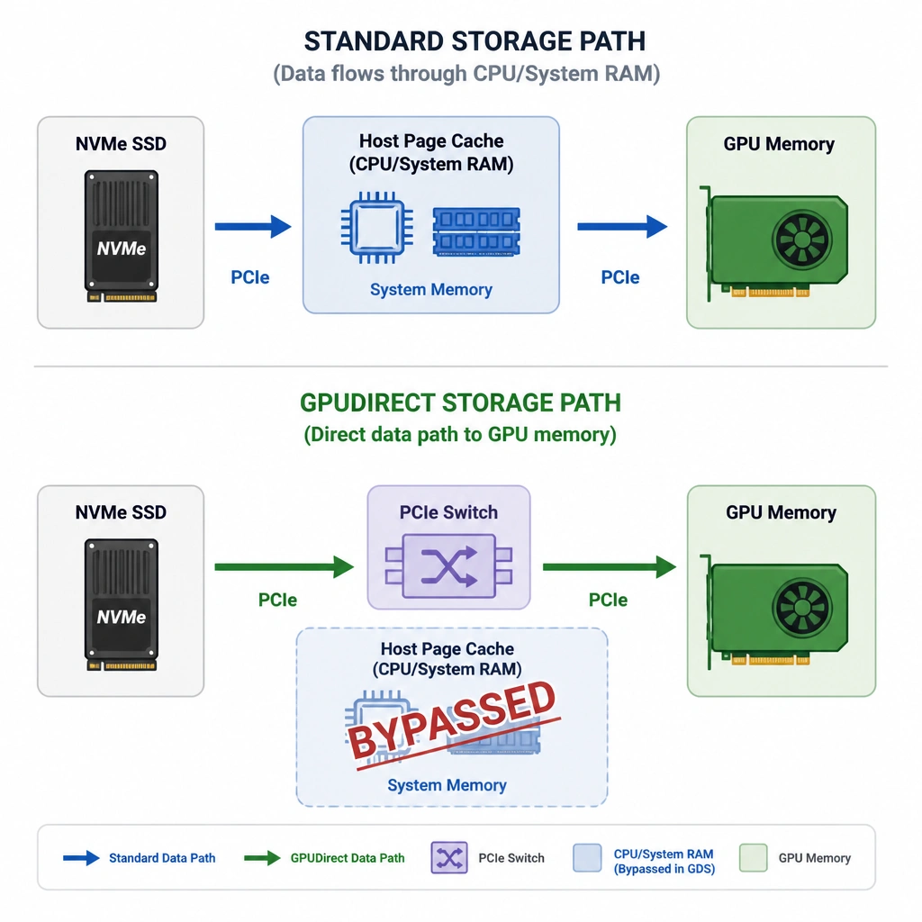 Architecture diagram comparing standard storage path vs. GPUDirect Storage path. Standard path shows NVMe -> Host Page Cache (CPU/System RAM) -> GPU Memory. GPUDirect Storage path shows a direct line NVMe -> PCIe Switch -> GPU Memory, with a big "Bypassed" label over the CPU/System RAM block.