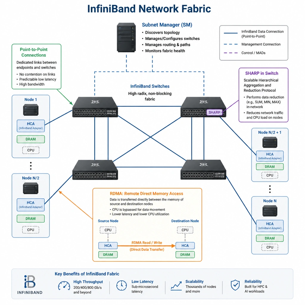 Diagram of an InfiniBand network fabric showing cluster nodes connected to InfiniBand switches. Annotate the key features: Subnet Manager managing the switches, point-to-point connections, RDMA bypassing the node CPUs, and a switch running SHARP to show in-network data reduction.