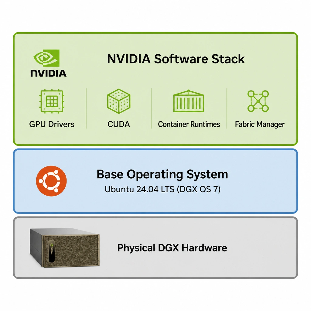 A simple stack diagram of the DGX OS software stack. The bottom layer is the physical DGX hardware. The next layer up is the base operating system, Ubuntu 24.04 LTS (DGX OS 7). The layer above that represents the NVIDIA software stack, including GPU drivers, CUDA, container runtimes, and fabric manager.