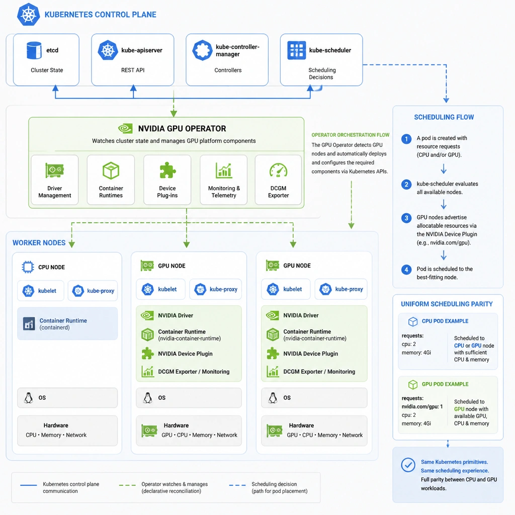 An architectural block diagram showing the NVIDIA GPU Operator running inside a Kubernetes control plane. It should illustrate the orchestration flow where the operator automatically provisions GPU drivers, container runtimes, device plug-ins, and monitoring tools onto worker nodes. It should also show the Kubernetes scheduler allocating pod requests to these GPU-enabled nodes in a uniform manner, highlighting the parity with CPU node scheduling.