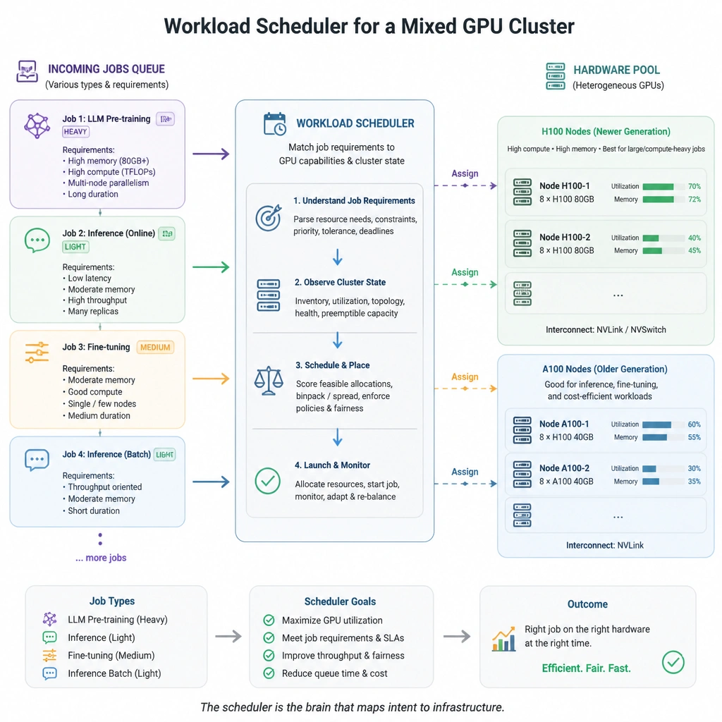 A conceptual illustration of a workload scheduler managing jobs in a mixed GPU cluster. The diagram should show a queue of incoming jobs (e.g., heavy LLM pre-training, light inference, fine-tuning) being mapped by the scheduler to a heterogeneous hardware pool containing both newer H100 nodes and older A100 nodes, highlighting the scheduler's role in matching job requirements to GPU capabilities.