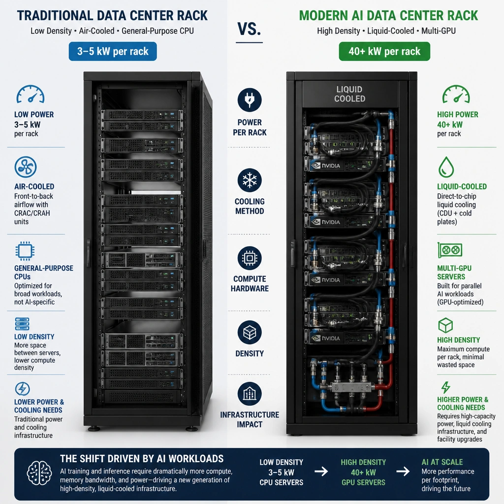 A comparison diagram showing a traditional data center rack (low density, 3-5 kW, air-cooled, filled with general-purpose CPU servers) next to a modern AI data center rack (high density, 40+ kW, liquid-cooled, filled with multi-GPU servers), showcasing the shift in power, cooling, and hardware requirements driven by AI workloads.