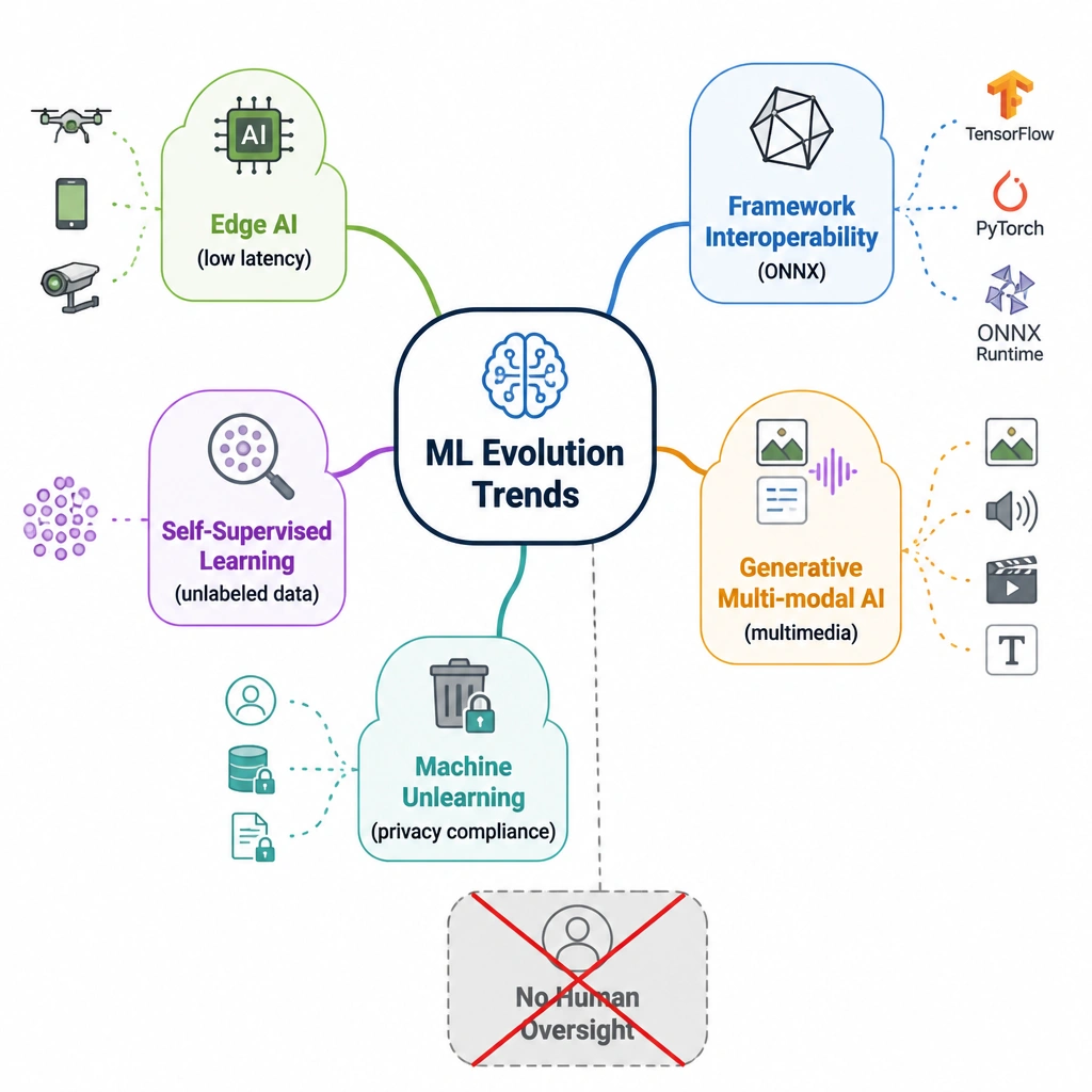 A mind map diagram summarizing key modern trends in machine learning. The central node is 'ML Evolution Trends,' with branches leading to Edge AI (low latency), Framework Interoperability (ONNX), Self-Supervised Learning (unlabeled data), Generative Multi-modal AI (multimedia), and Machine Unlearning (privacy compliance). A separate blocked-out branch should show 'No Human Oversight' marked with a red 'X' to represent it is not a trend.
