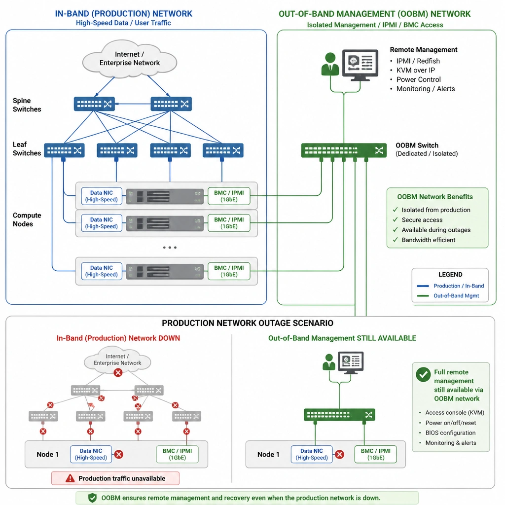 A network diagram illustrating the separation of the In-Band (production) network and the Out-of-Band Management (OOBM) network. It should show compute nodes with two interfaces: one connecting high-speed data ports to the production switch fabric, and the other connecting dedicated BMC/IPMI management ports to a separate, isolated OOBM switch, demonstrating remote management capability even during a production network outage.