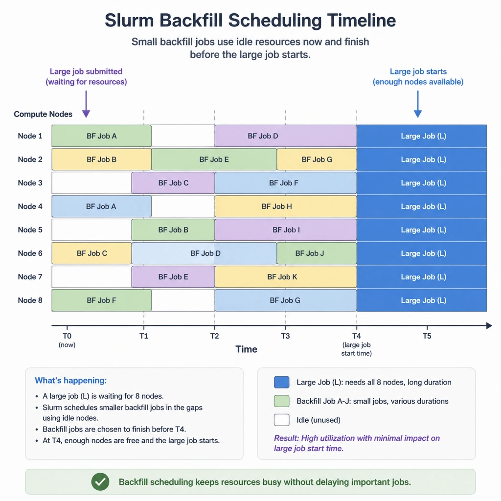 A timeline diagram showing Slurm job scheduling. It should illustrate a timeline where a large job is waiting for resources to become available at a future time. In the meantime, smaller, shorter-running 'backfill' jobs are shown executing in the empty blocks of time and space on idle nodes, finishing right before the large job starts, demonstrating high utilization.