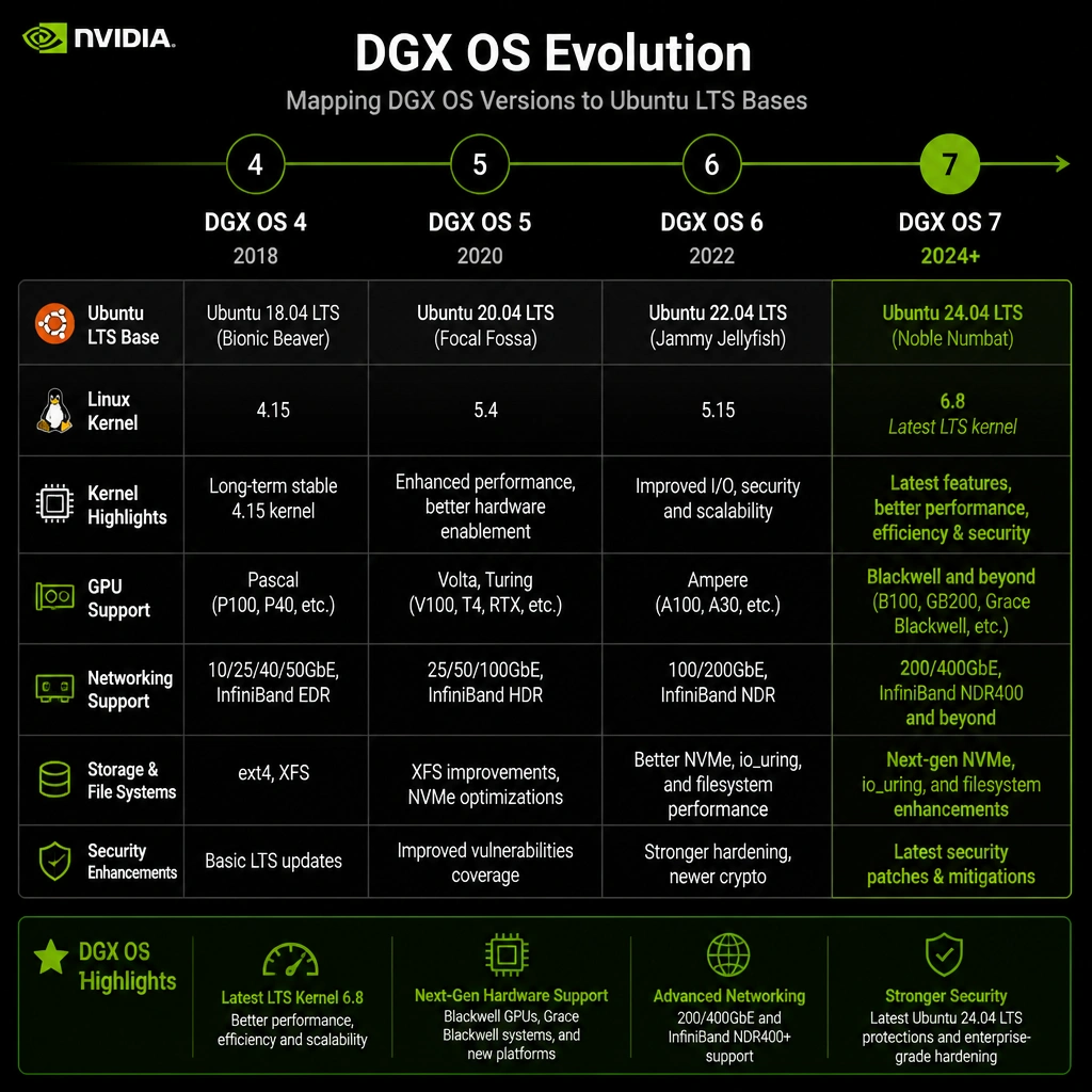 A timeline or version mapping table showing the evolution of NVIDIA DGX OS versions. The table should map DGX OS versions to their underlying Ubuntu LTS bases: DGX OS 4 -> Ubuntu 18.04, DGX OS 5 -> Ubuntu 20.04, DGX OS 6 -> Ubuntu 22.04, and DGX OS 7 -> Ubuntu 24.04, with highlights on the kernel and hardware support upgrades in version 7.