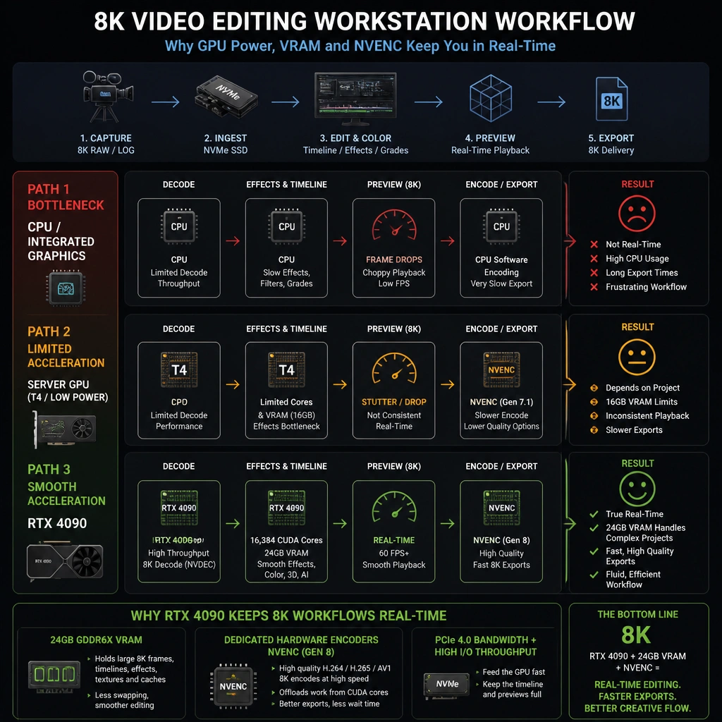 A diagram illustrating a video editing workstation workflow for 8K video processing. The graphic should contrast the processing bottleneck of using CPU/integrated graphics or low-power server GPUs (like T4) with the smooth acceleration path provided by a local RTX 4090 GPU, highlighting the role of 24GB VRAM and dedicated hardware encoders (NVENC) in maintaining real-time playback.