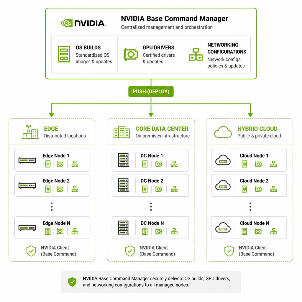 A flow diagram showing NVIDIA Base Command Manager pushing OS builds, GPU drivers, and networking configurations down to multiple nodes located in Edge, Core Data Center, and Hybrid Cloud environments.