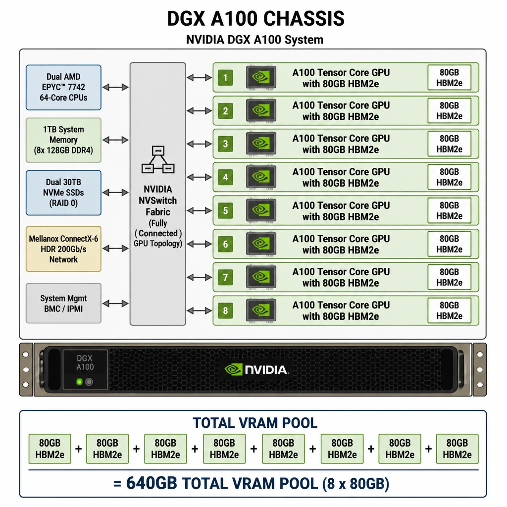 A hardware block diagram of a DGX A100 chassis highlighting 8 individual GPU slots, with each slot labeled as an 'A100 Tensor Core GPU with 80GB HBM2e', and a summation line showing a total VRAM pool of 640GB.