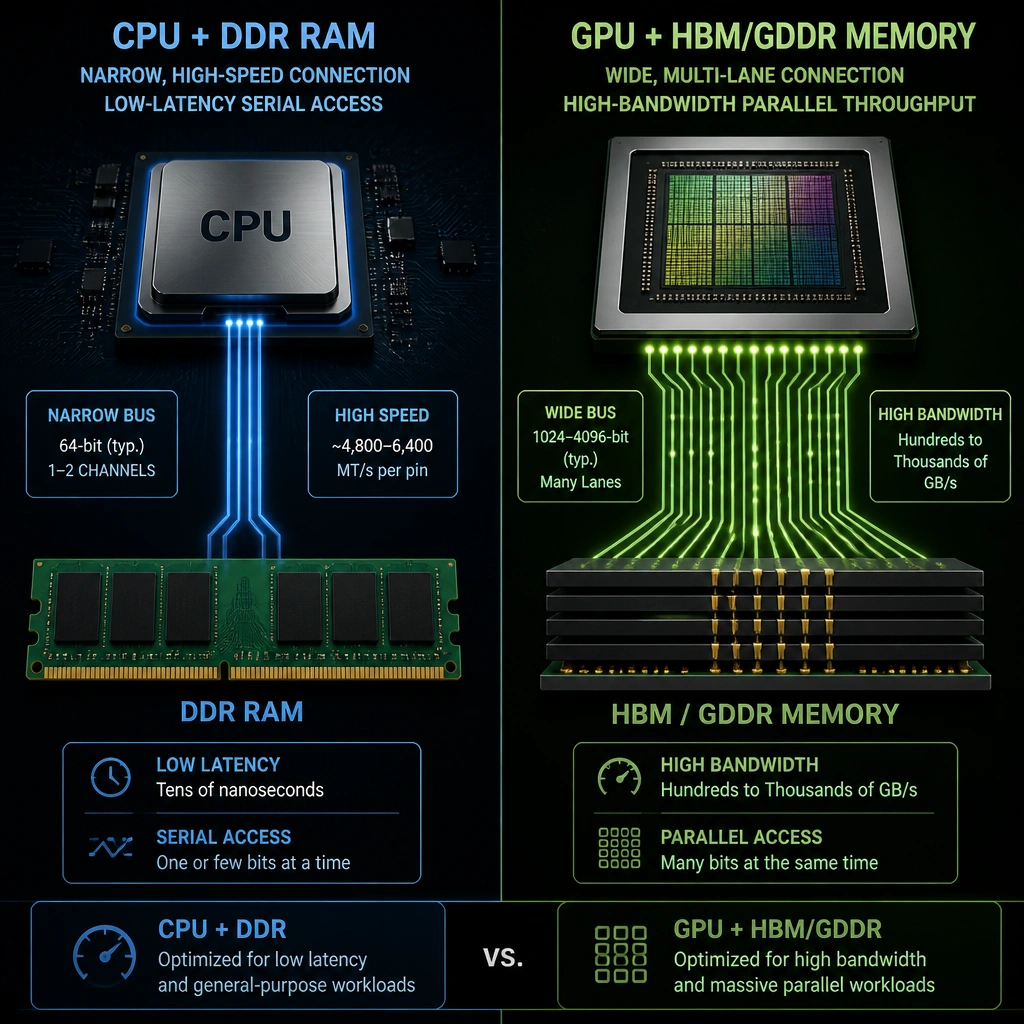 A visual comparison displaying a CPU with a narrow, high-speed connection to standard DDR RAM (representing low-latency serial access) next to a GPU with a wide, multi-lane bus connected to HBM/GDDR memory (representing high-bandwidth parallel throughput).