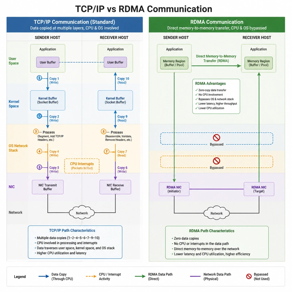 A comparative workflow diagram illustrating standard TCP/IP communication (data copying through the user space, kernel space, OS network stack, and CPU interrupts) versus RDMA communication (direct memory-to-memory transfer between host RAM pools via network interface cards, completely bypassing CPU and OS kernels).