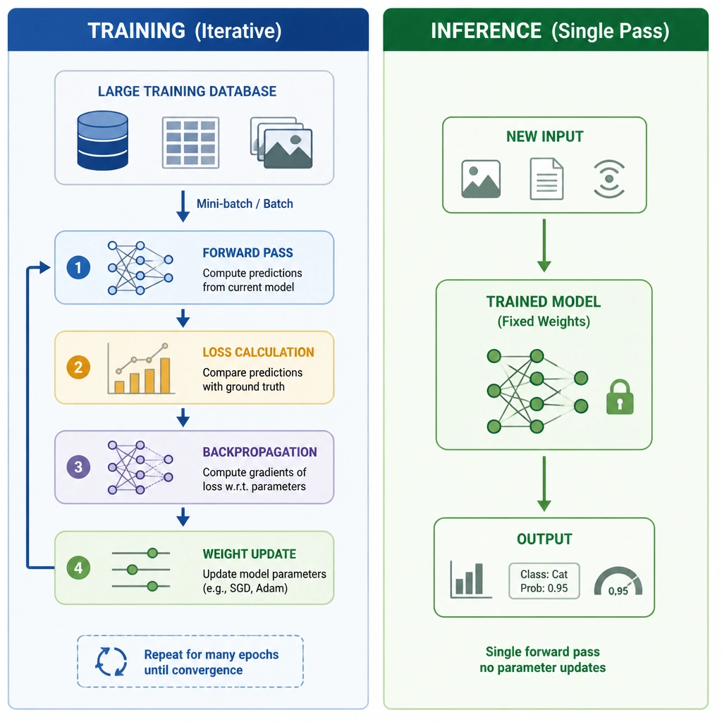 A split diagram representing the computational flow of machine learning. The left panel shows training as an iterative loop of Forward Pass -> Loss Calculation -> Backpropagation -> Weight Update over a large database. The right panel shows inference as a linear, single-pass flow from new input to output through a static model.