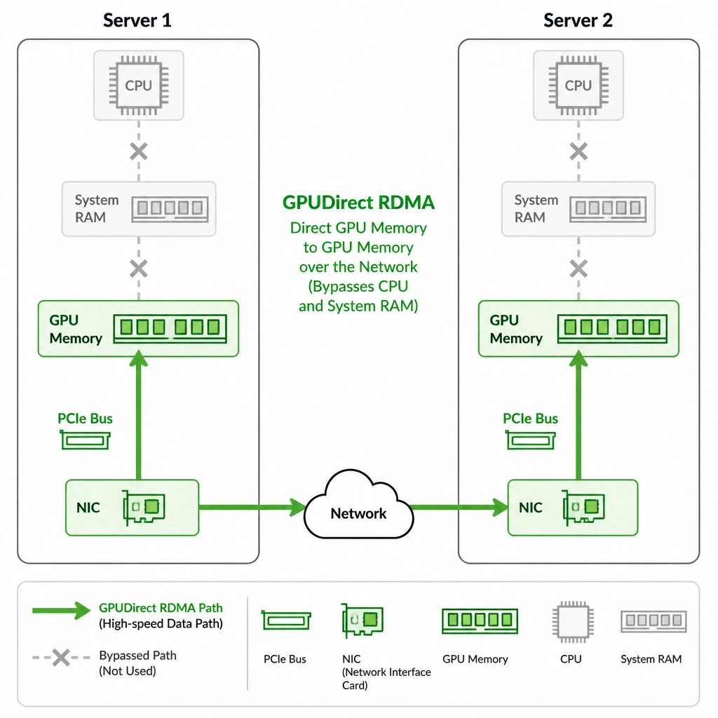 A network diagram showing two servers. A highlighted green path labeled 'GPUDirect RDMA' goes directly from the GPU memory on Server 1, through its PCIe bus to the NIC, across the network, to the NIC on Server 2, and directly to the GPU memory on Server 2, bypassing host CPUs and system RAM.