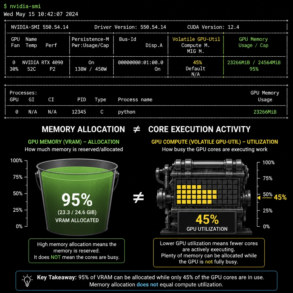 The image should illustrate the output of the nvidia-smi command, highlighting the difference between GPU Memory (VRAM) allocation and GPU Compute (Volatile GPU-Util) utilization. It should display a conceptual diagram showing a storage bucket (VRAM) filled to 95% capacity alongside an execution engine (GPU cores) running at 45% capacity to emphasize that memory allocation does not equal core execution activity.