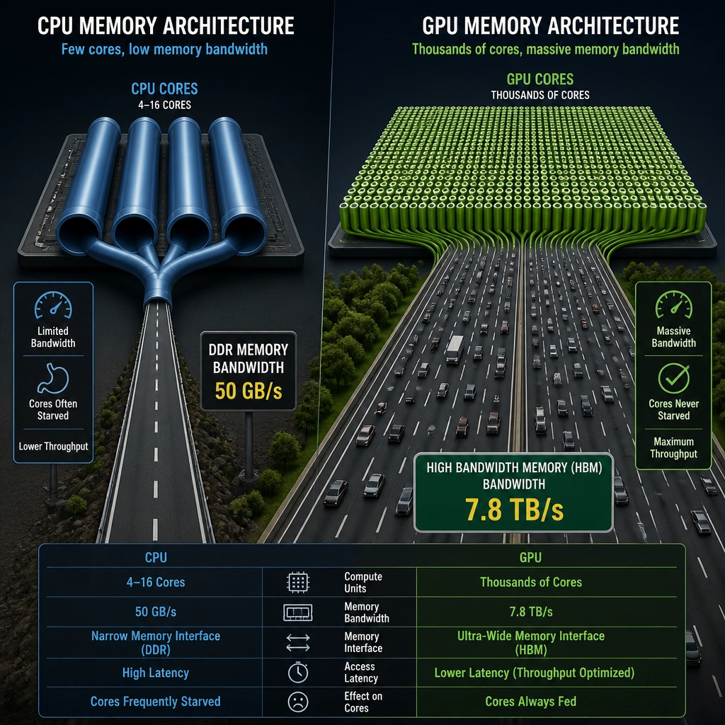 The image should compare the memory architecture of a CPU and a GPU. On the CPU side, show a few wide pipes representing CPU cores connected to a narrow highway representing DDR memory bandwidth (50 GB/s). On the GPU side, show thousands of narrow pipes representing GPU cores connected to a massive multi-lane superhighway representing High Bandwidth Memory (HBM) bandwidth (7.8 TB/s), illustrating how high bandwidth prevents core starvation.
