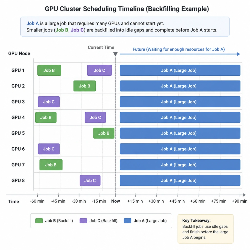 The image should display a Gantt chart style scheduling timeline. It should show a block representing a large "Job A" scheduled to start in the future once enough resources accumulate. In the preceding idle time gaps on specific GPU nodes, smaller block segments representing "Job B" and "Job C" (short-duration backfill jobs) are placed, showing they run and finish before "Job A" starts.