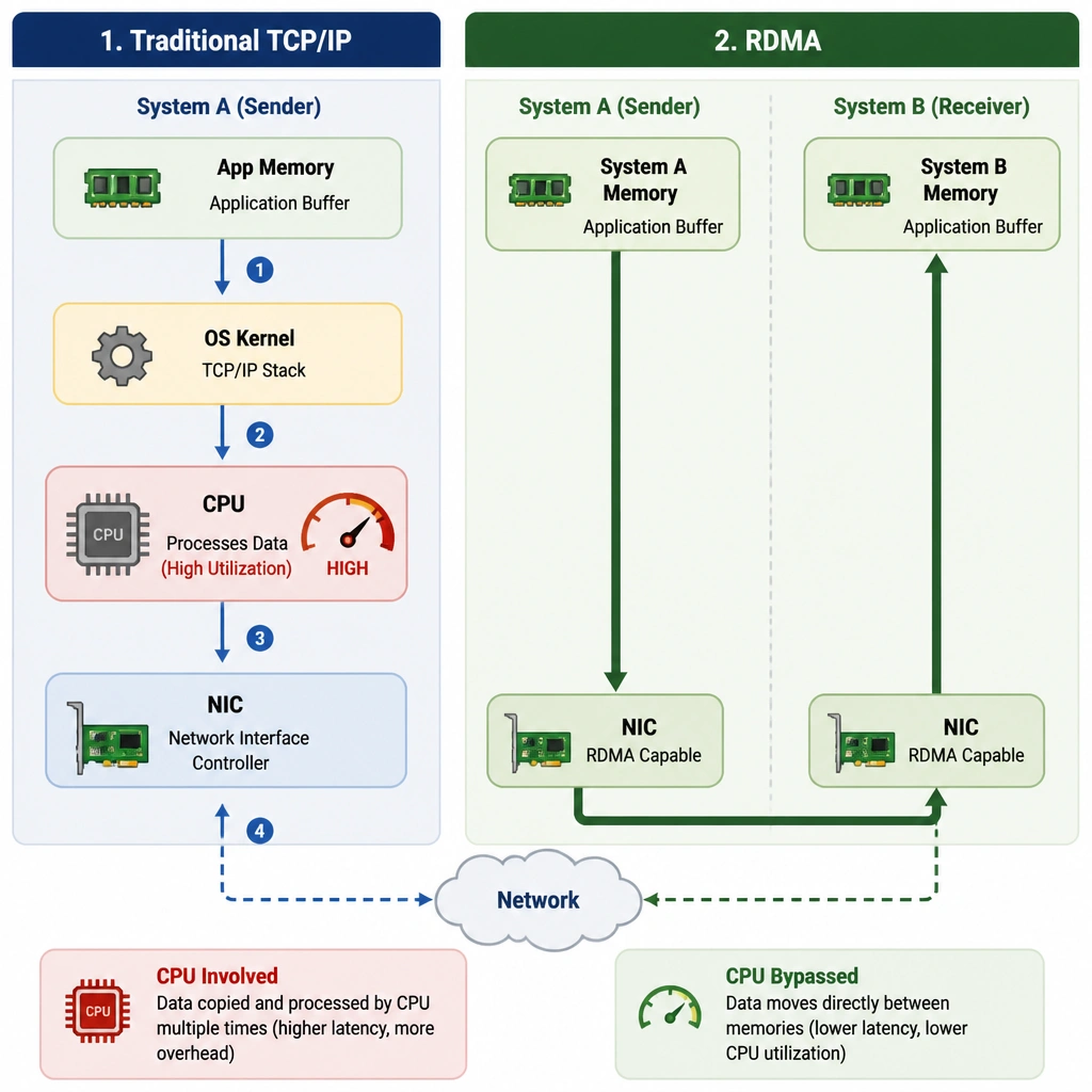 The image should depict two systems side-by-side to contrast traditional TCP/IP networking and RDMA. System 1 (TCP/IP) shows data moving from App memory -> OS Kernel -> CPU -> NIC, with CPU highly active. System 2 (RDMA) shows a direct, straight arrow going from System A memory through the NIC, across the network, and directly into System B memory, bypassing the CPU and OS Kernel blocks entirely.
