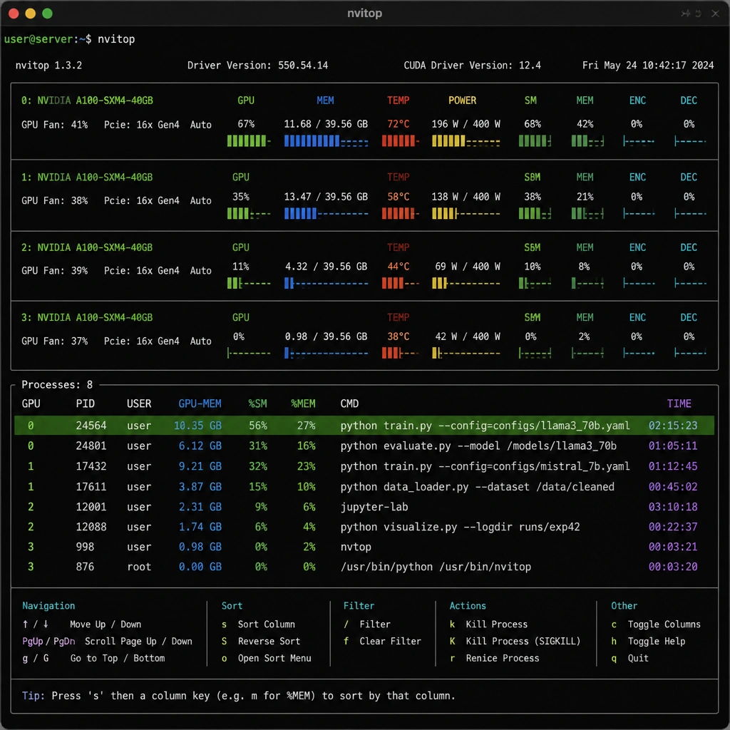 The image should showcase a terminal interface running the nvitop command. It should display color-coded bar graphs indicating GPU usage, memory consumption, temperature, and a detailed process list at the bottom with labels showing how users can navigate, sort, and terminate processes using key bindings.