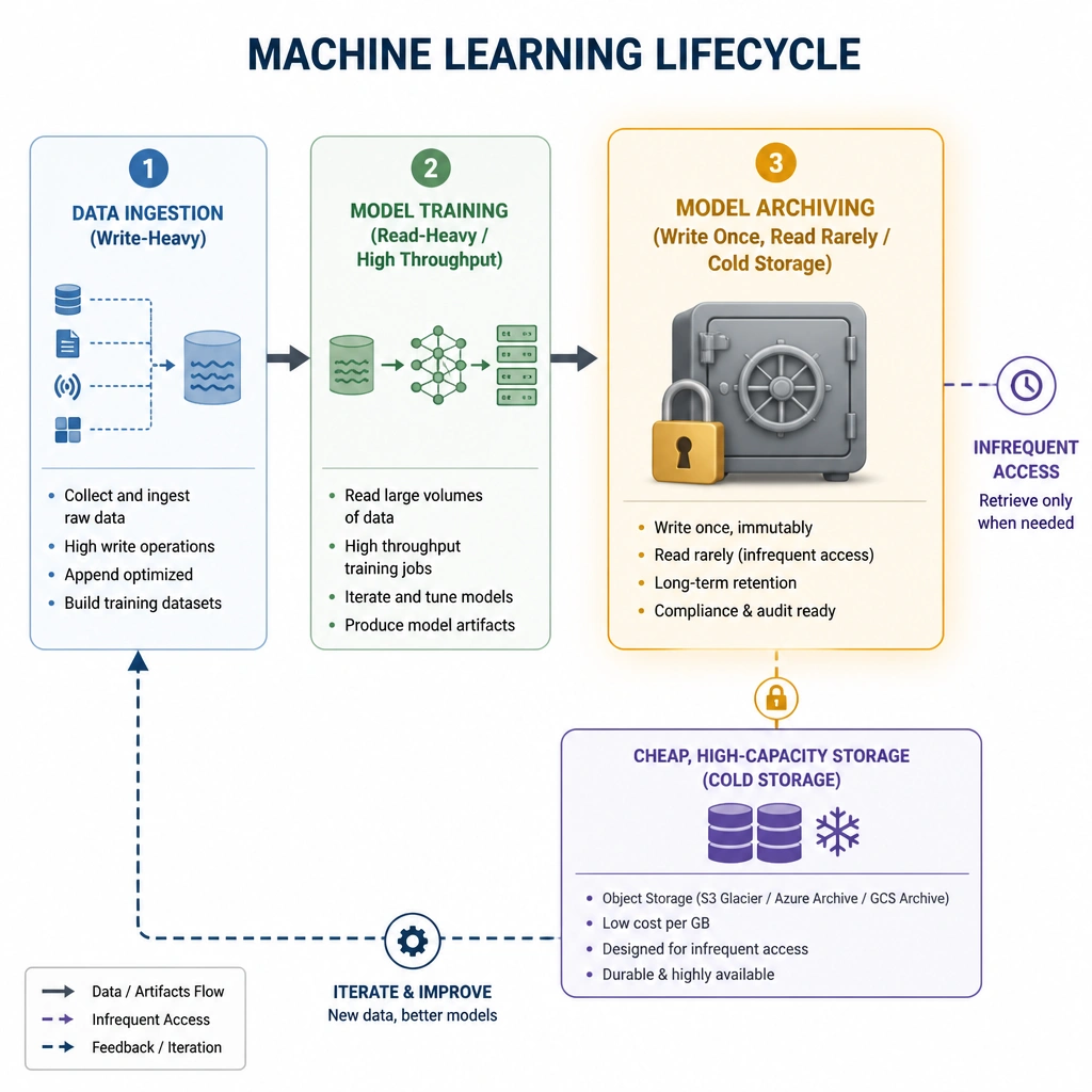 The image should depict a flowchart of the machine learning lifecycle showing Data Ingestion (Write-Heavy), Model Training (Read-Heavy / High Throughput), and Model Archiving (Write Once, Read Rarely / Cold Storage). The archiving phase should be highlighted with a lock and vault icon, connected to cheap high-capacity storage, representing infrequent access.