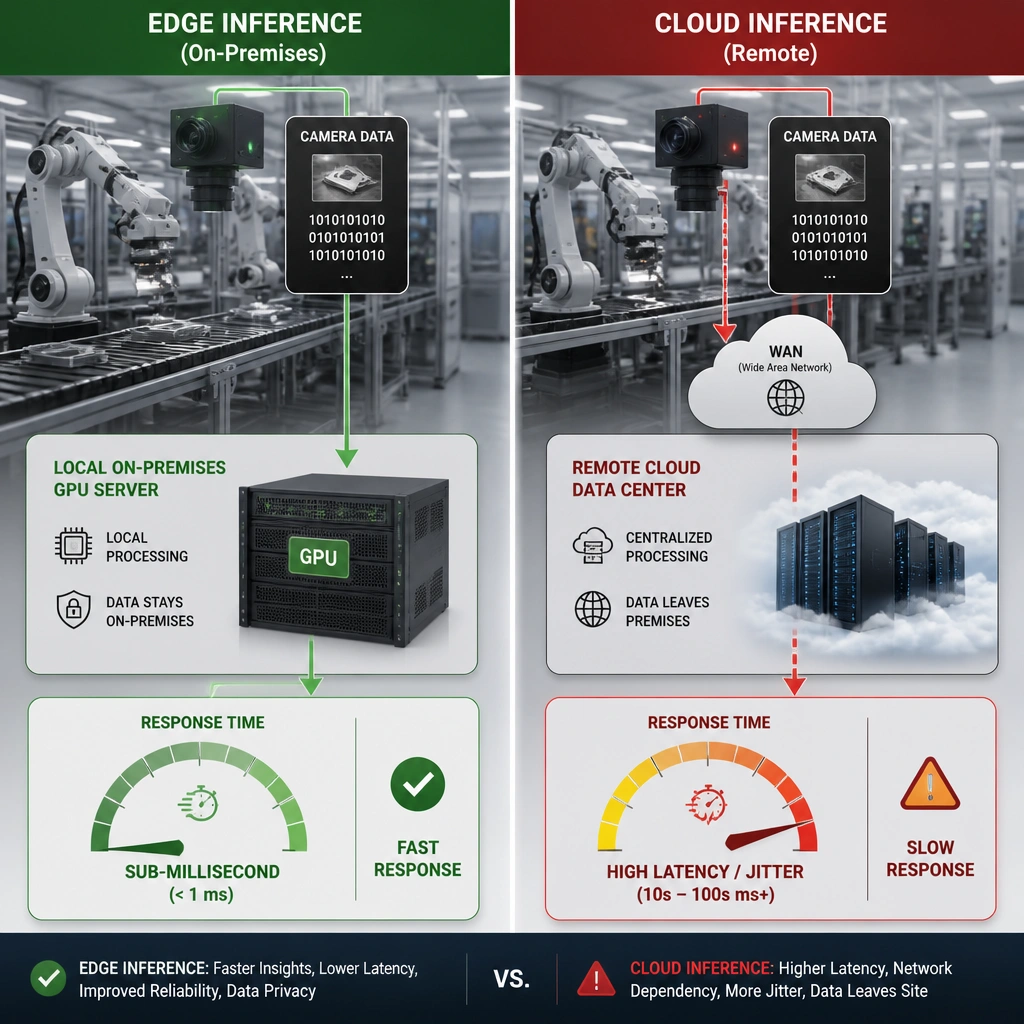The image should show a split screen representing edge inference. One side shows an assembly line sending camera data to a local on-premises GPU server with a fast response gauge (sub-millisecond, green). The other side shows the assembly line sending data over a WAN cloud icon to a remote cloud data center, resulting in a slow response gauge (high latency/jitter, yellow/red).