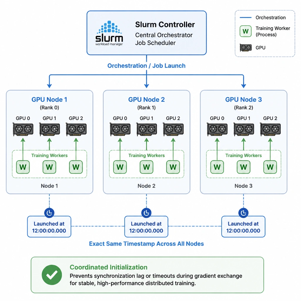 The image should depict a cluster of three GPU nodes, each running training workers. An orchestration line from a central Slurm controller goes to all three nodes, launching the training processes at the exact same timestamp, illustrating coordinated initialization and preventing synchronization lag or timeouts during gradient exchange.