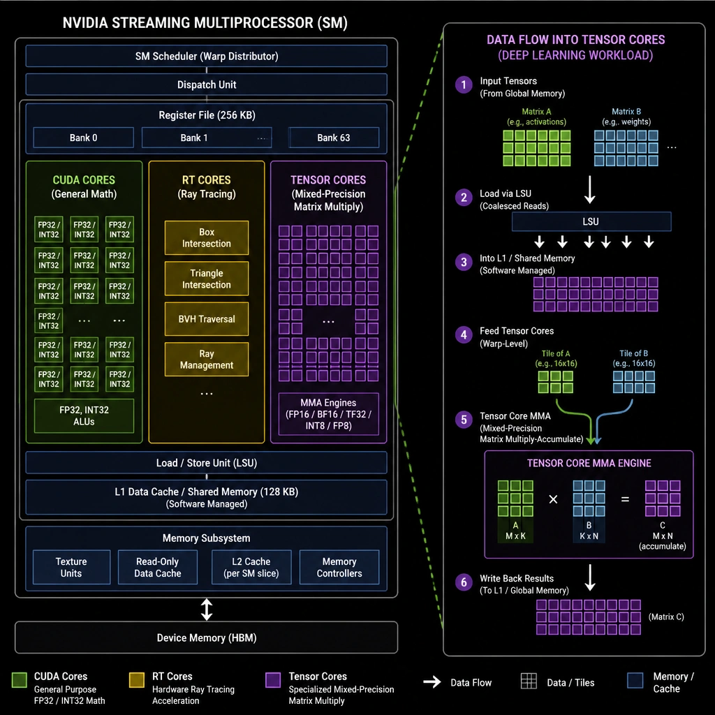 Diagram showing the hierarchy inside an NVIDIA Streaming Multiprocessor (SM), highlighting the separation between CUDA Cores (general math), RT Cores (ray tracing), and Tensor Cores (specialized mixed-precision matrix multiplies), demonstrating how data flows into the Tensor Cores for deep learning workloads.