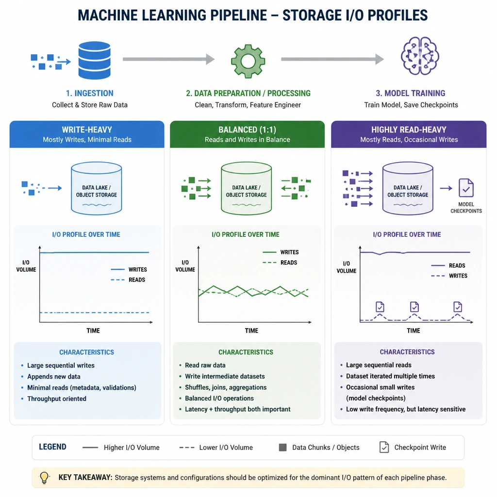 A visual representation of the machine learning pipeline storage I/O profiles, comparing the ingestion phase (write-heavy), the data preparation/processing phase (balanced 1:1 read/write), and the model training phase (highly read-heavy with occasional model checkpoint writes).