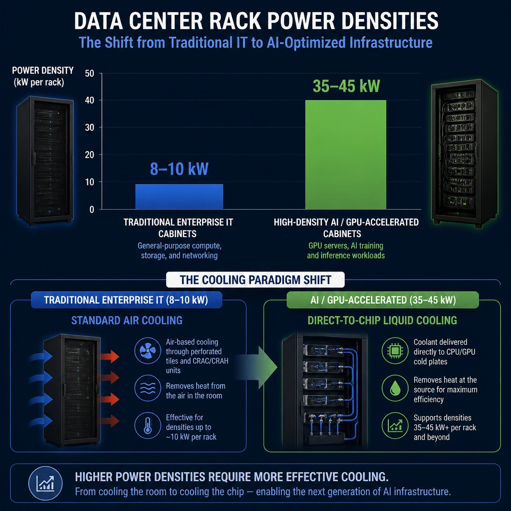 A bar chart comparing data center rack power densities, contrasting traditional enterprise IT cabinets (8-10 kW) with high-density AI/GPU-accelerated cabinets (35-45 kW), with callouts illustrating the cooling requirements shift from standard air cooling to direct-to-chip liquid cooling.