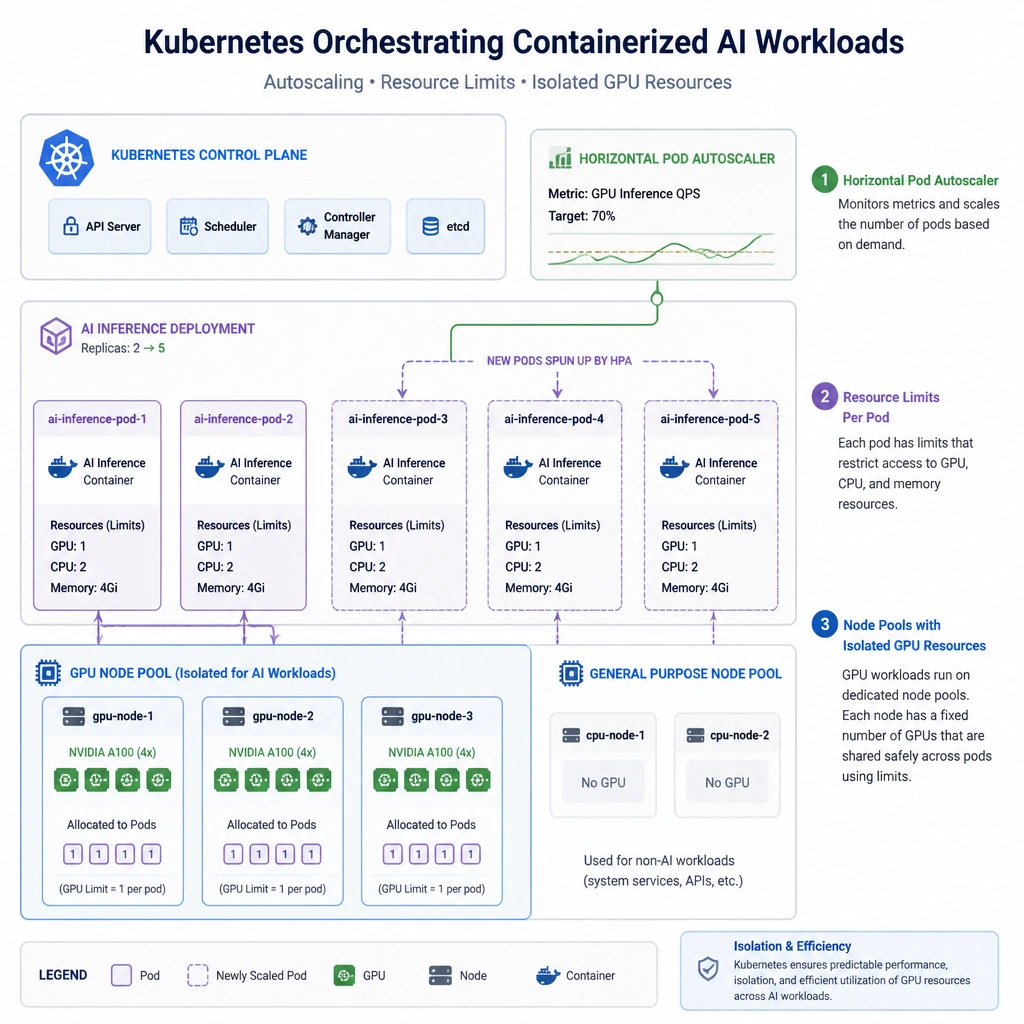 Architecture diagram showing Kubernetes orchestrating containerized AI workloads, highlighting features like the Horizontal Pod Autoscaler spinning up new pods, resource limits restricting GPU access per pod, and node pools with isolated GPU resources.