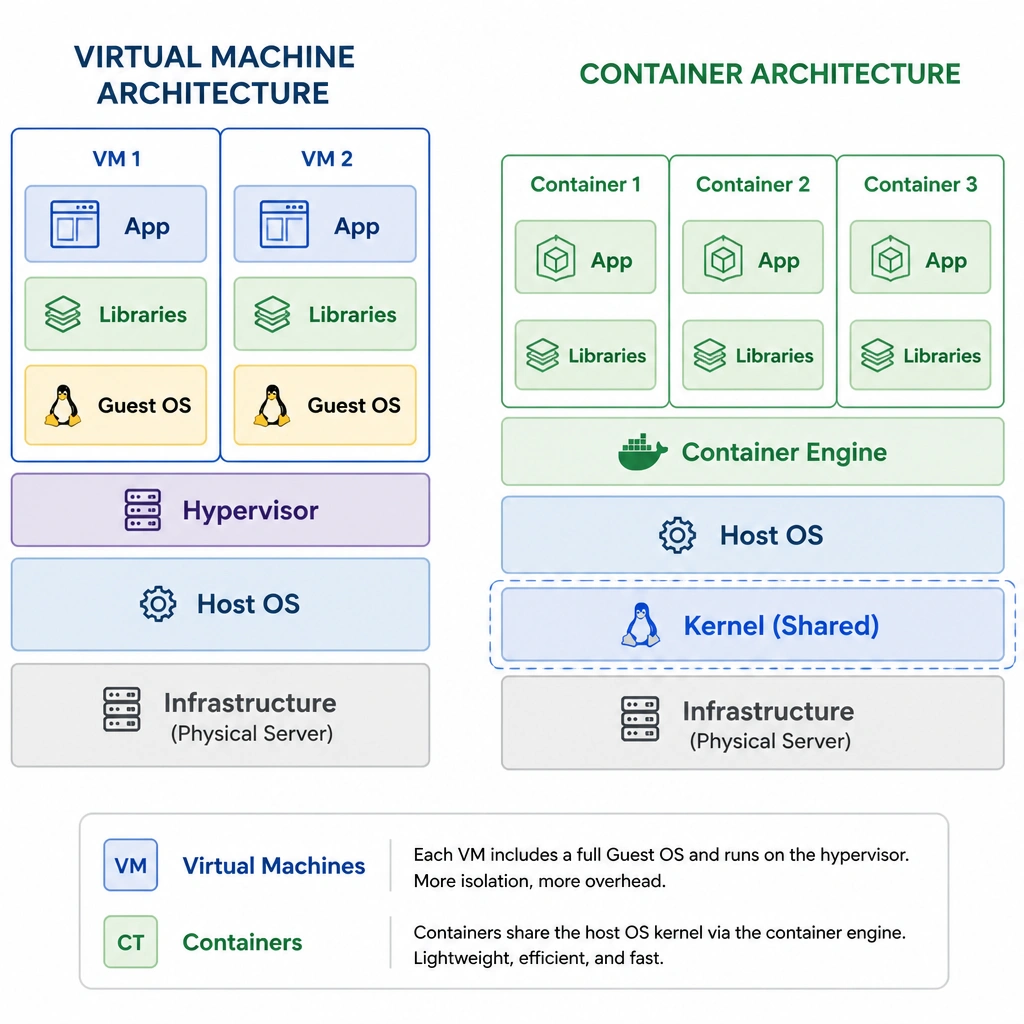 A side-by-side comparison diagram of a Virtual Machine architecture (showing Host OS, Hypervisor, Guest OS, Libraries, and App) versus a Container architecture (showing Host OS, Container Engine, Libraries, and App), highlighting the shared kernel block in the container stack.