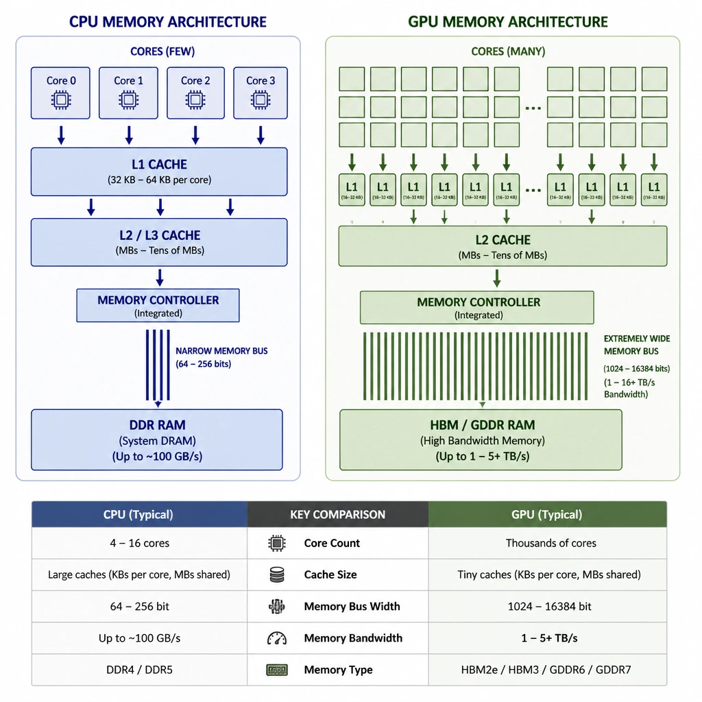 A comparative block diagram contrasting CPU and GPU memory architectures. The CPU side shows a few cores connected to large caches with a narrow memory bus to DDR RAM. The GPU side shows thousands of small cores connected to tiny caches, accessing HBM/GDDR RAM via an extremely wide memory bus.