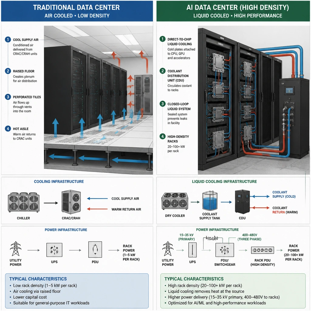 A side-by-side data center facility diagram. Left shows traditional cooling with under-floor air vents blowing air at a low-density rack. Right shows high-density AI infrastructure with specialized power feeds and a closed-loop liquid cooling system delivering coolant directly to hot server components.
