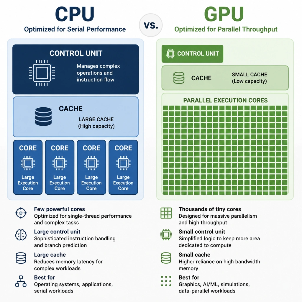 Conceptual graphic comparing CPU and GPU core architectures. The CPU side has a large control unit, large cache, and 4 large execution cores. The GPU side has a small control unit, small cache, and a grid pattern representing thousands of tiny parallel execution cores.