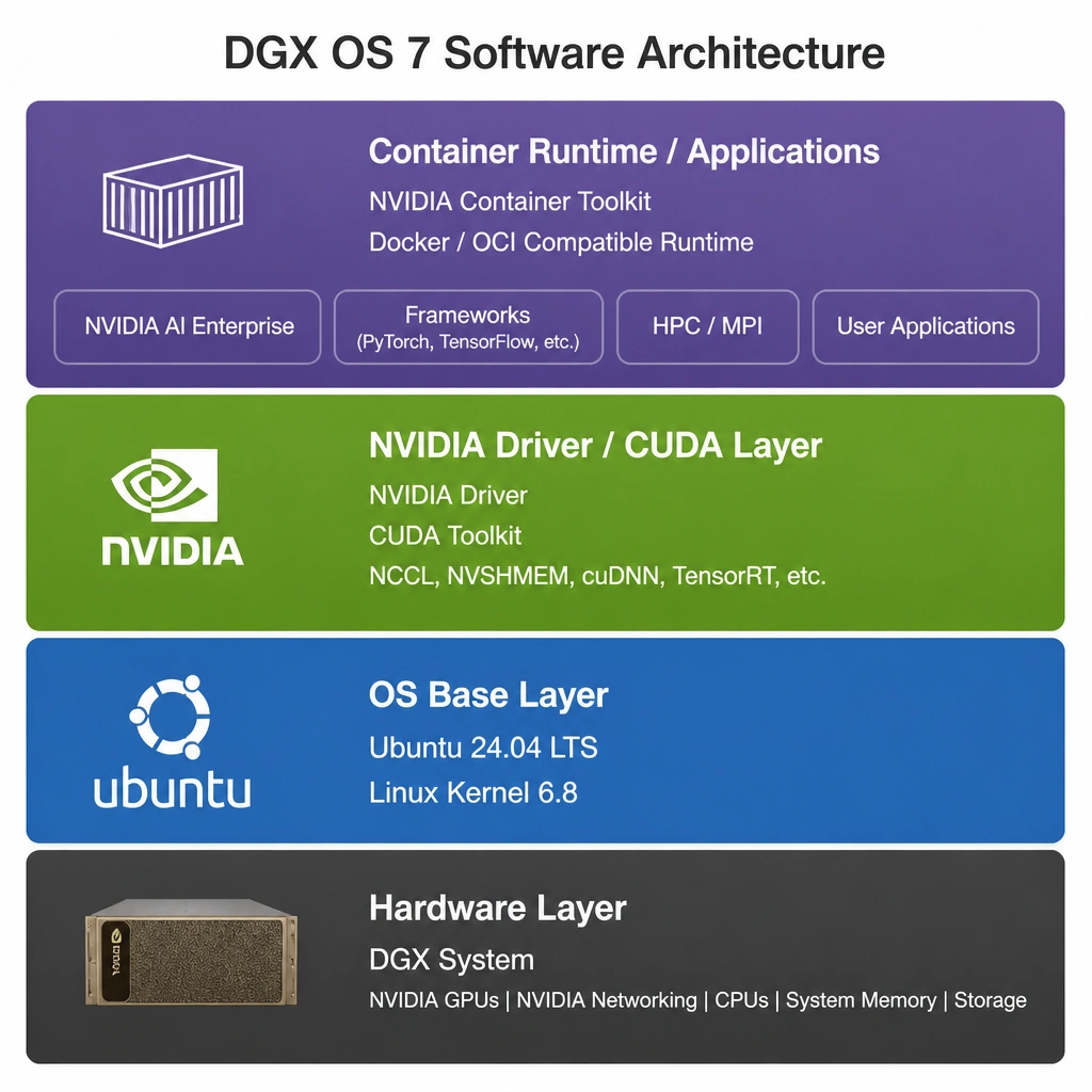 A stack diagram representing the DGX OS 7 software architecture, showing the hardware layer (DGX System) at the bottom, followed by the OS base layer (Ubuntu 24.04 LTS with Linux Kernel 6.8), the NVIDIA Driver/CUDA layer, and the container runtime/application layer at the top.