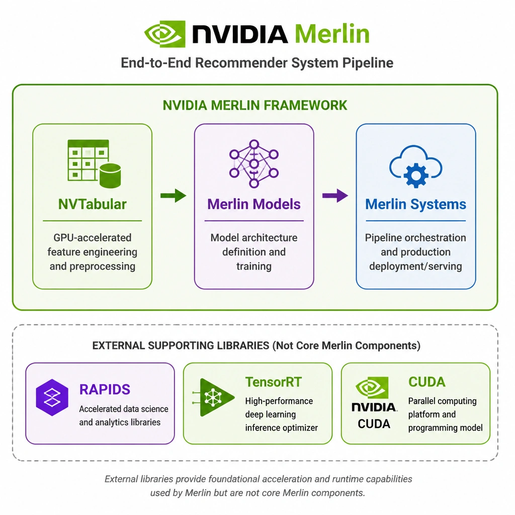 The image should depict a block diagram representing the NVIDIA Merlin end-to-end recommender system pipeline. It should display three main blocks connected in sequence: NVTabular (labeled for GPU-accelerated feature engineering and preprocessing), Merlin Models (labeled for model architecture definition and training), and Merlin Systems (labeled for pipeline orchestration and production deployment/serving). Separate boxes for RAPIDS, TensorRT, and CUDA should be shown external to the Merlin framework boundary, labeled as external supporting libraries to emphasize that they are not core Merlin components.