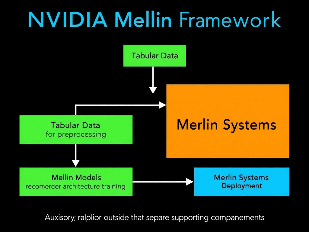 Architectural block diagram of the NVIDIA Merlin framework pipeline showing tabular data ingestion flowing into NVTabular for preprocessing, then into Merlin Models for recommender architecture training, and finally into Merlin Systems for deployment, with auxiliary technologies (RAPIDS cuDF, TensorRT, CUDA Toolkit) positioned outside the main Merlin container to show they are separate supporting components.