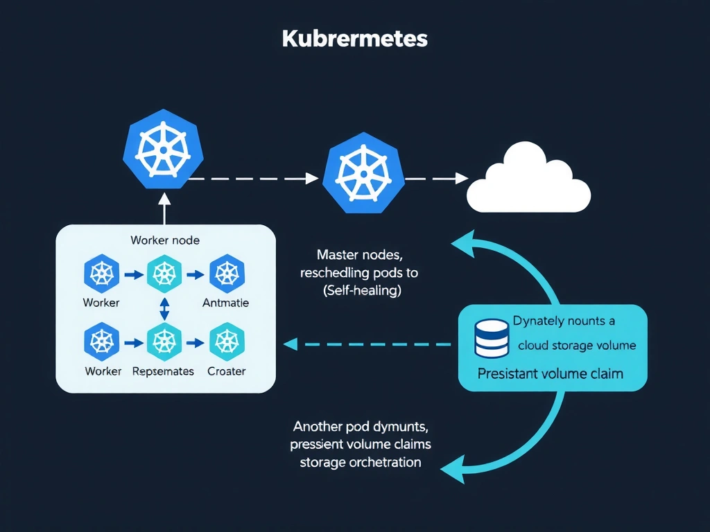 The image should depict a split screen illustrating the two core Kubernetes automation capabilities described. On the left side (Self-Healing), show a node failing (marked with a red 'X') and Kubernetes automatically moving/rescheduling the pods from the failed node to a healthy node in the cluster. On the right side (Storage Orchestration), show a pod requesting storage and Kubernetes dynamically mounting a volume from either local SSD or public cloud storage using a Persistent Volume Claim, highlighting the abstraction of the storage layer.