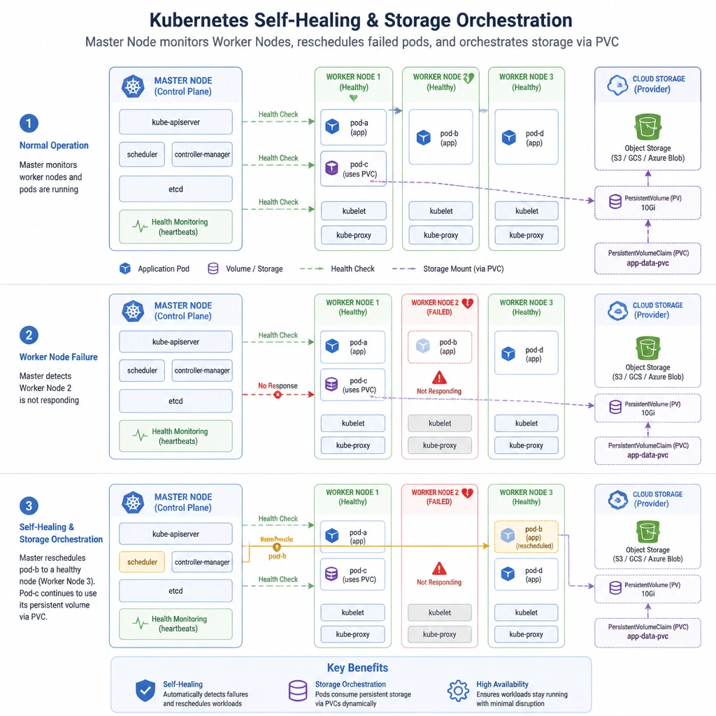 A system diagram showing a Kubernetes master node monitoring worker nodes, with one worker node failing and the master node automatically rescheduling its pods to a healthy node (self-healing), while another pod dynamically mounts a cloud storage volume via a persistent volume claim (storage orchestration).
