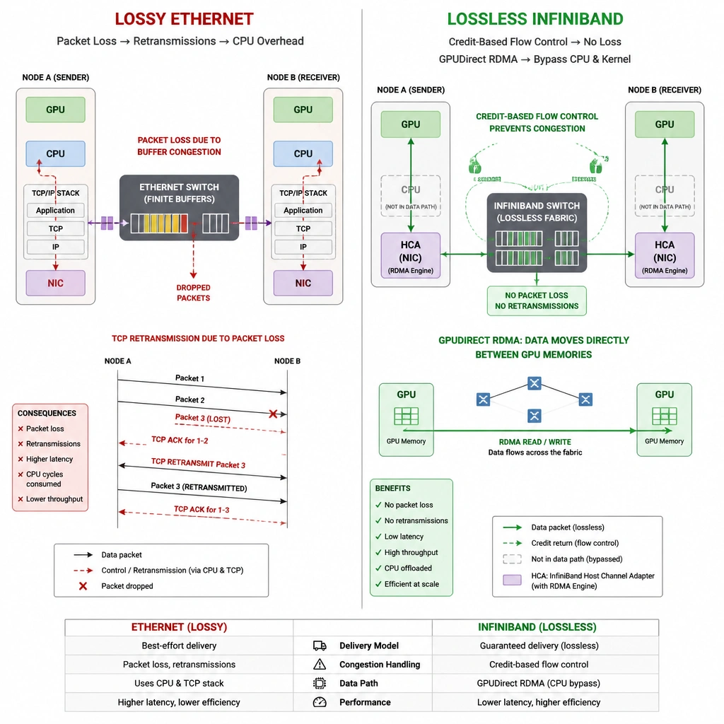 The image should illustrate the difference between a lossy Ethernet network and a lossless InfiniBand network with GPUDirect RDMA. On the Ethernet side, show packets dropping due to switch buffer congestion, forcing TCP retransmissions through the CPU stack. On the InfiniBand side, show credit-based flow control regulating packet flow between nodes to prevent congestion, alongside GPUDirect RDMA bypassing the CPU and kernel completely, moving data directly between GPU memories across the switched fabric.