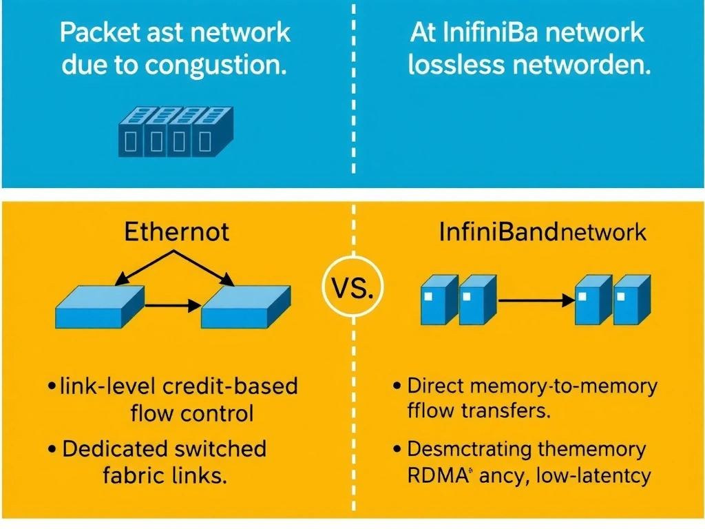 A comparison diagram contrasting an Ethernet network showing packet drops due to congestion, and an InfiniBand network utilizing link-level credit-based flow control, dedicated switched fabric links, and direct memory-to-memory RDMA transfers to demonstrate lossless, low-latency communication.