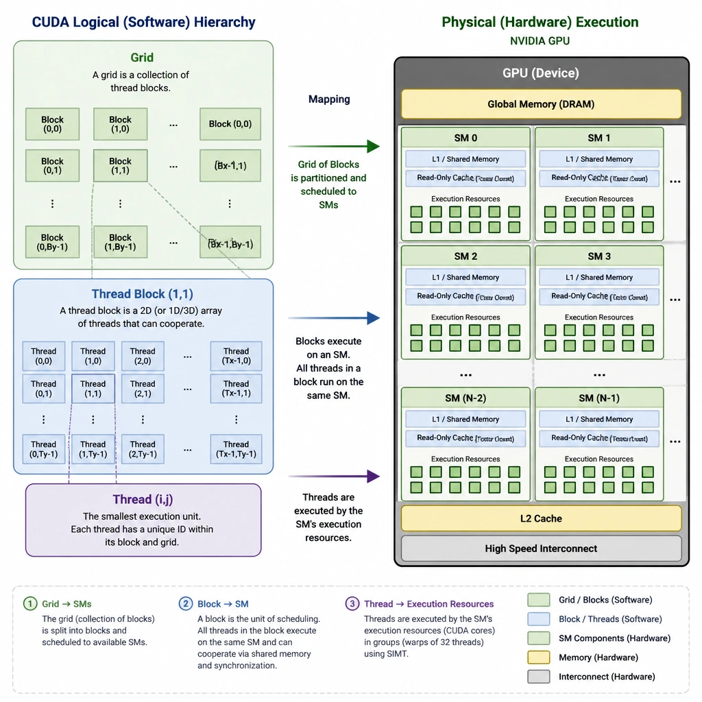 A visual model mapping the CUDA logical software hierarchy (Grid containing multiple Thread Blocks, each containing a grid of Threads) to the physical hardware execution units (a GPU containing multiple Streaming Multiprocessors with local caches).