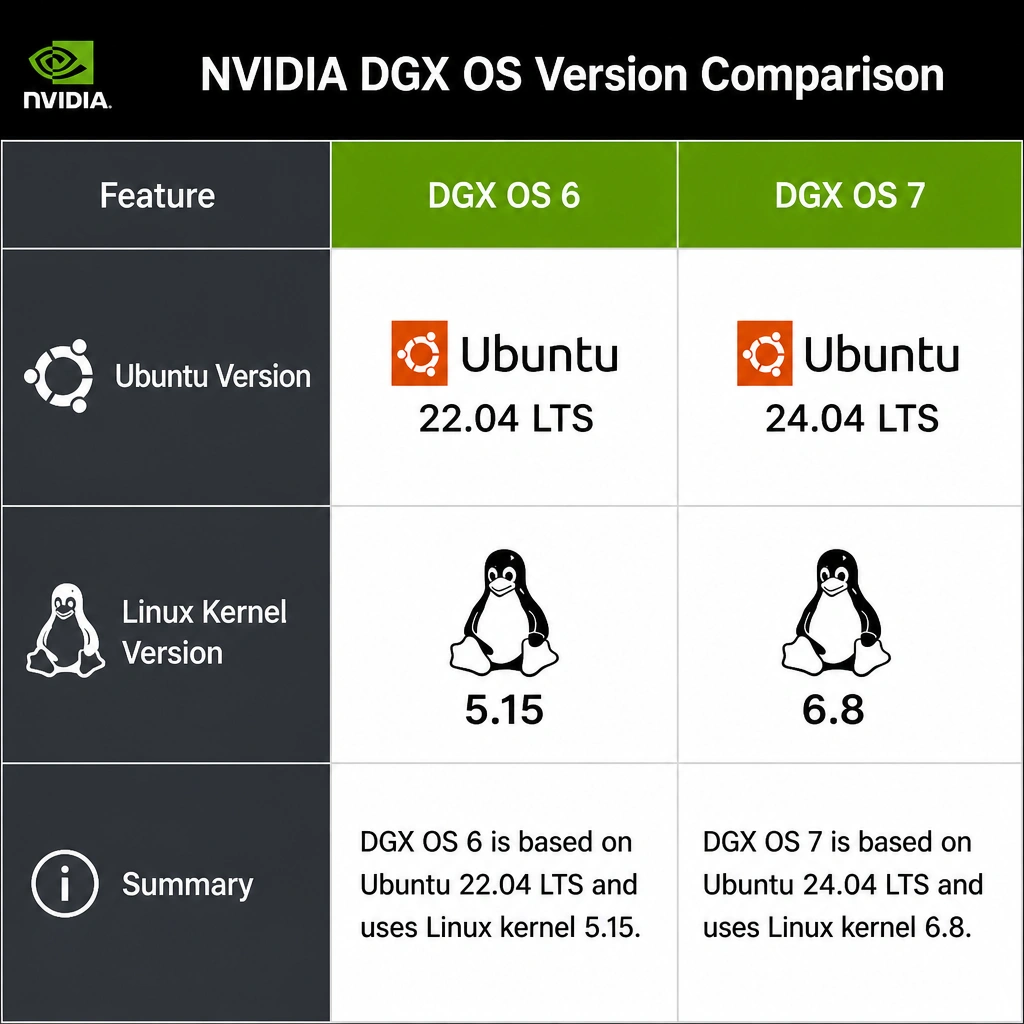 A tabular comparison of NVIDIA DGX OS versions showing DGX OS 6 associated with Ubuntu 22.04 LTS and Linux kernel 5.15, contrasted with DGX OS 7 associated with Ubuntu 24.04 LTS and Linux kernel 6.8.