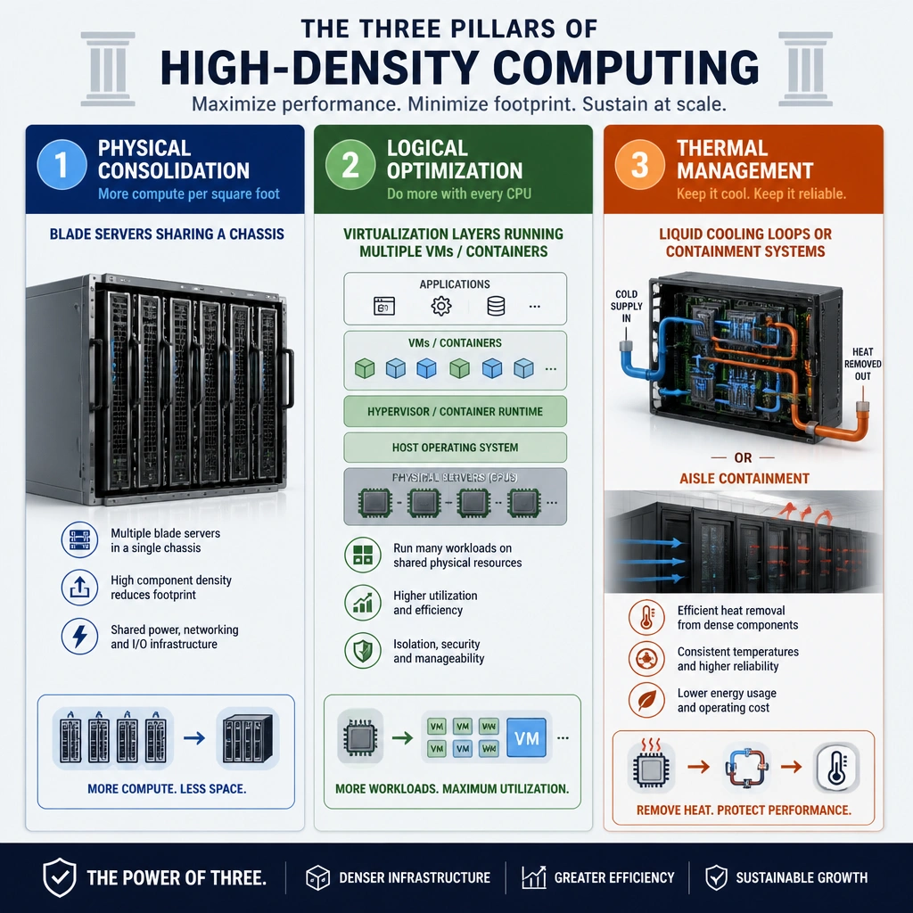 Diagram highlighting the three pillars of high-density computing: physical consolidation (blade servers sharing a chassis), logical optimization (virtualization layers running multiple VMs/containers on physical CPUs), and thermal management (liquid cooling loops or containment systems routing heat away from dense components).