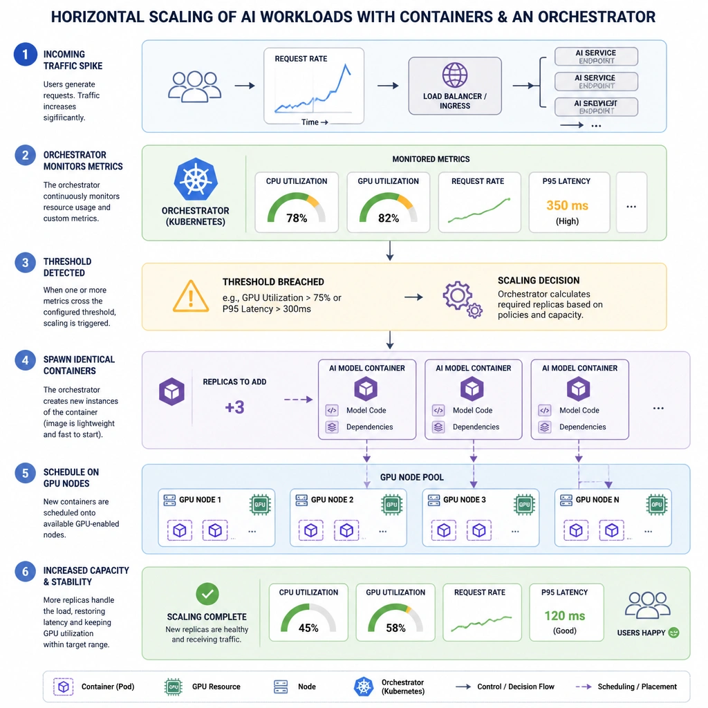 Process flowchart illustrating horizontal scaling of AI workloads using containers and an orchestrator (like Kubernetes). Shows incoming traffic spikes, the orchestrator detecting resource thresholds, and spawning multiple identical lightweight containers containing model code and dependencies onto GPU-enabled nodes.