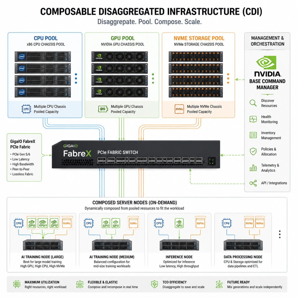 Architectural diagram of Composable Disaggregated Infrastructure (CDI). Illustrates separate physical chassis pools of CPUs, GPUs, and NVMe storage connected via a GigaIO FabreX PCIe fabric switch, managed by NVIDIA Base Command Manager to dynamically compose custom server nodes for AI training tasks.